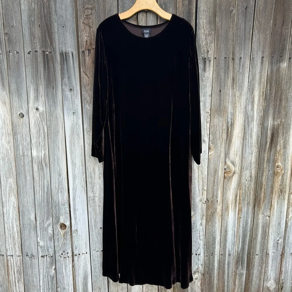 Eileen Fisher Stretch Velvet Maxi Dress Bateau Neck Brown L - Picture 15 of 15